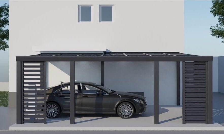 Visualisierung eines Carports in der Seitenansicht: Solardach, seitliche Lamellenwände, keine Stütze zwischen den Stellplätzen