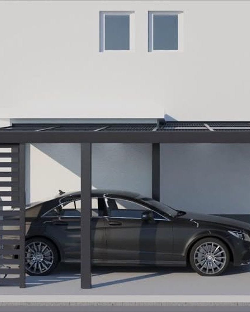 Carport mit Solardach und seitlichen Lamellenwänden, ohne Stütze zwischen den Stellplätzen