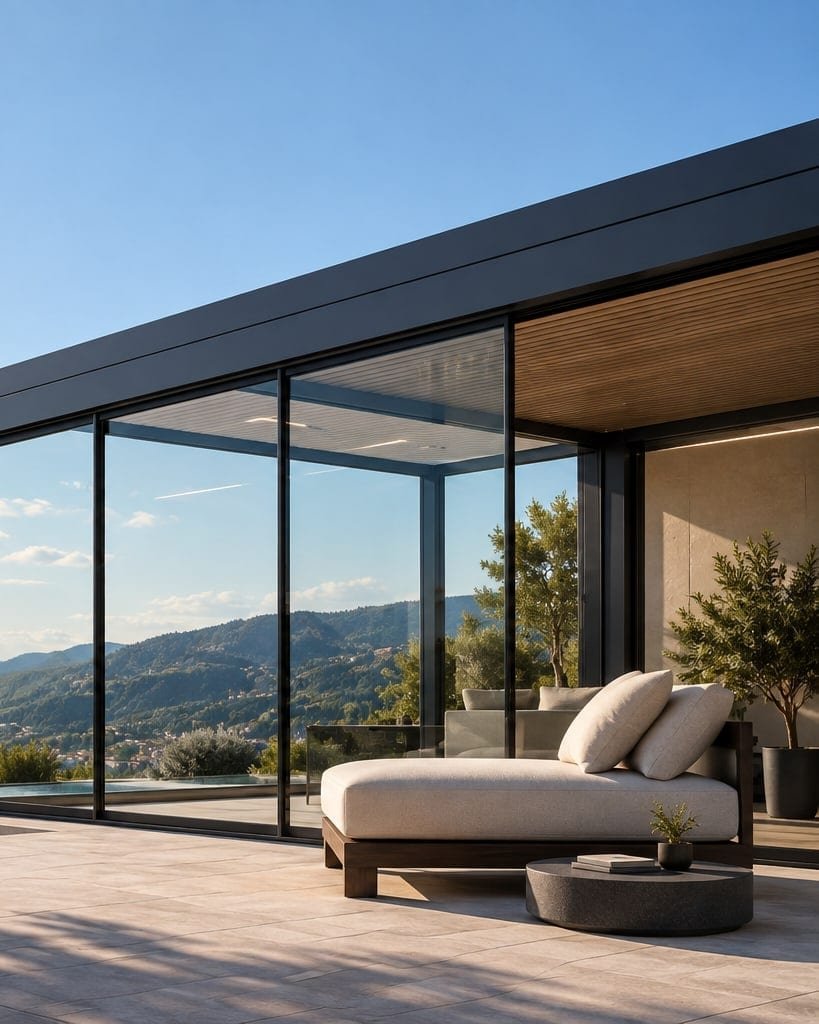 Verglaster Outdoor-Raum mit raumhoher Verglasung und Blick über einen See
