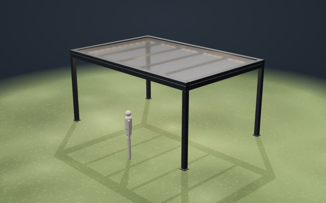 3D-Darstellung einer Pergola mit geschlossener Glasdachfläche