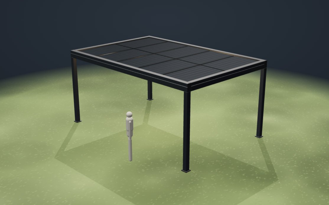 3D-Darstellung einer Pergola mit Solarmodulen als Dachfläche
