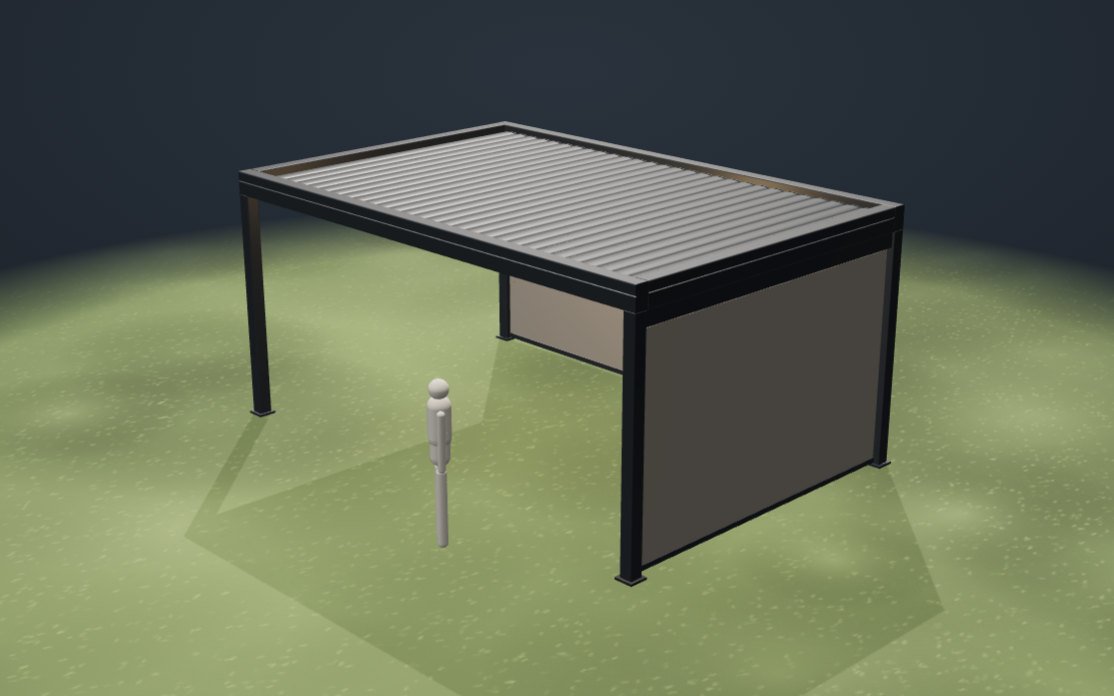 3D-Darstellung einer Pergola mit ausgefahrenen Zipscreens als Seitenschutz
