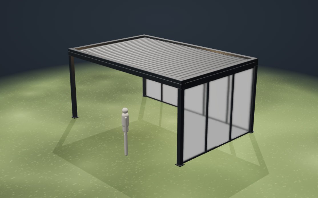 3D-Darstellung einer Pergola mit zwei geschlossenen Glasseiten