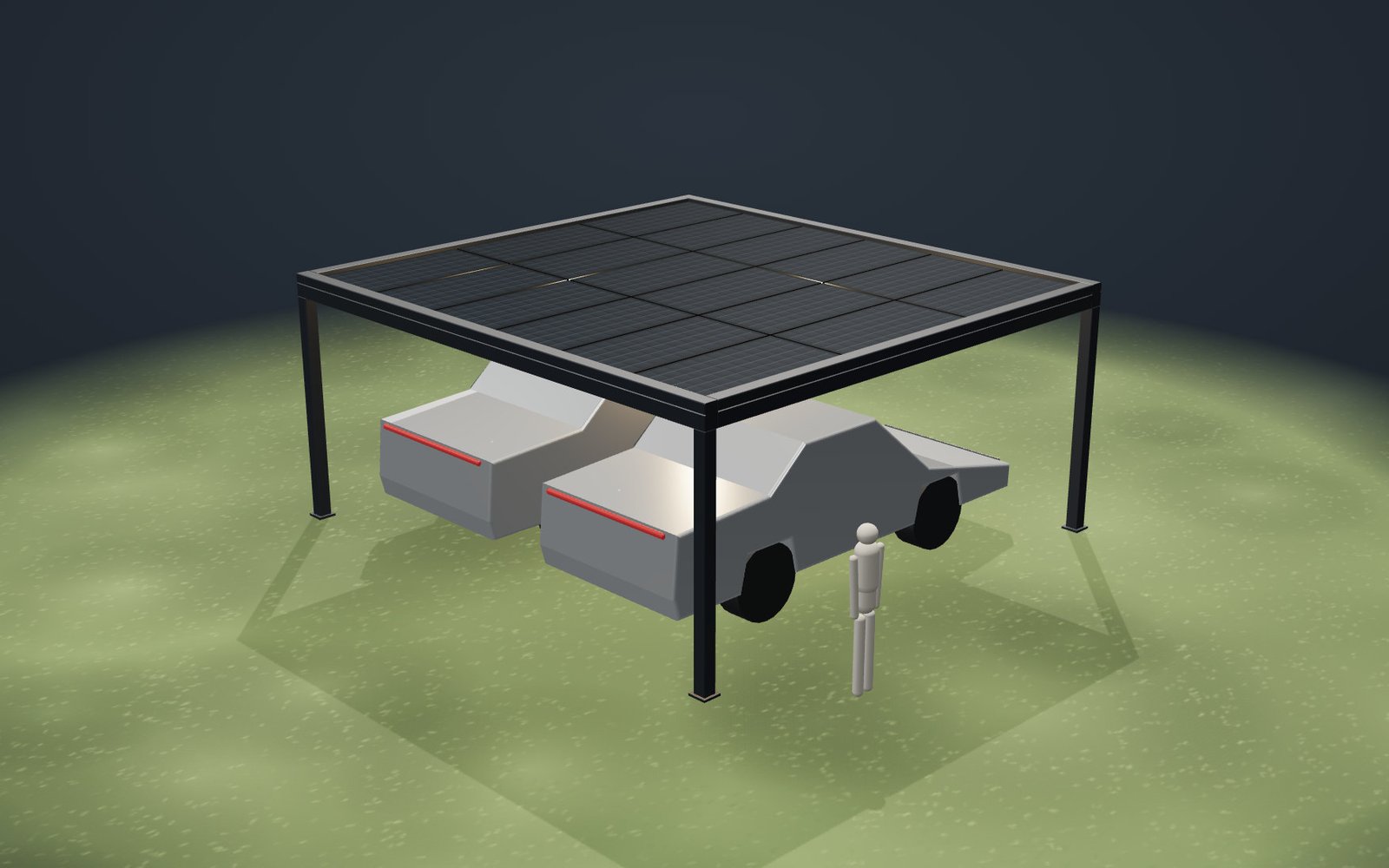 3D-Darstellung eines Carports für zwei Fahrzeuge mit Solardach