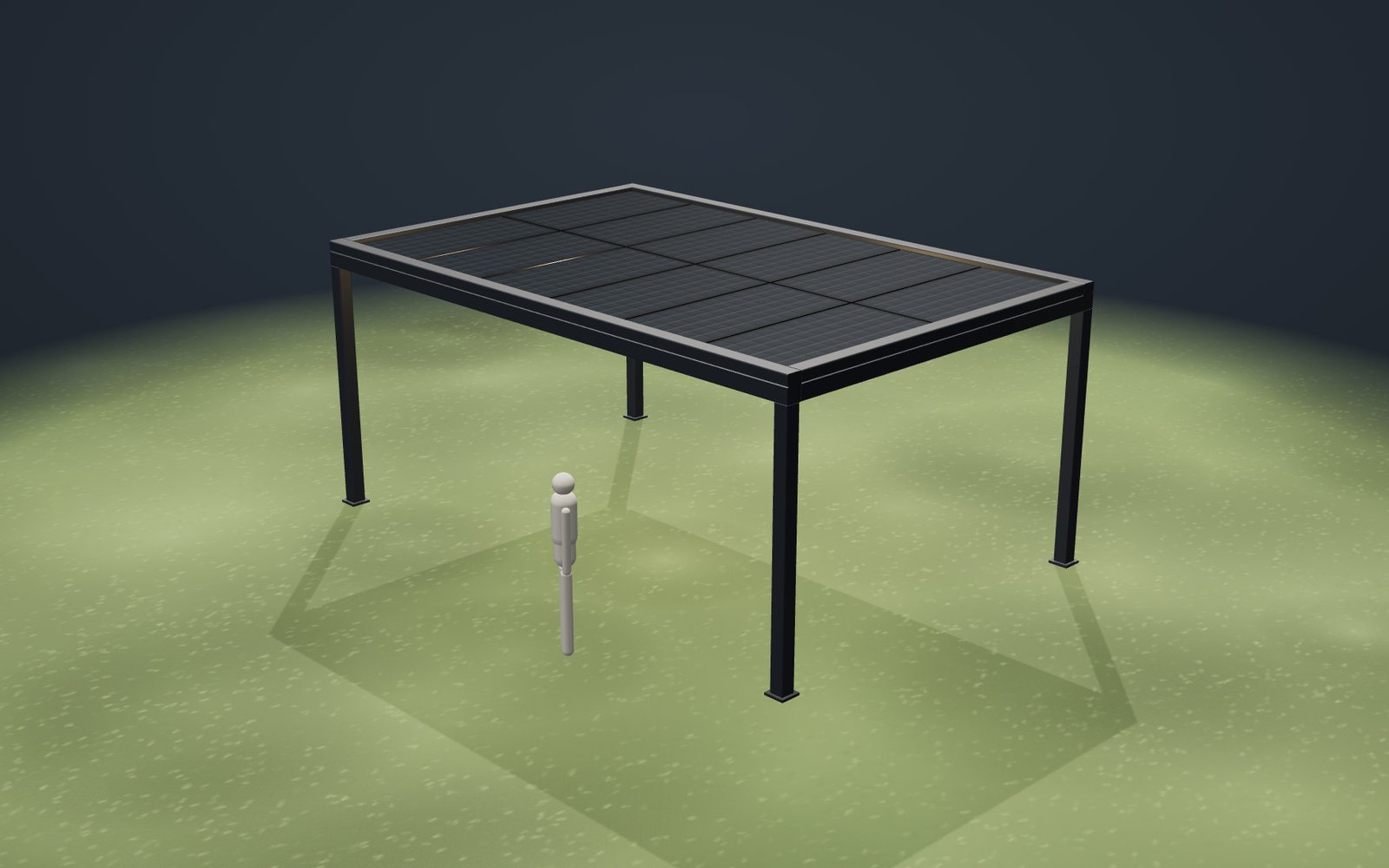 3D-Darstellung einer Pergola mit Solarmodulen als Dachfläche